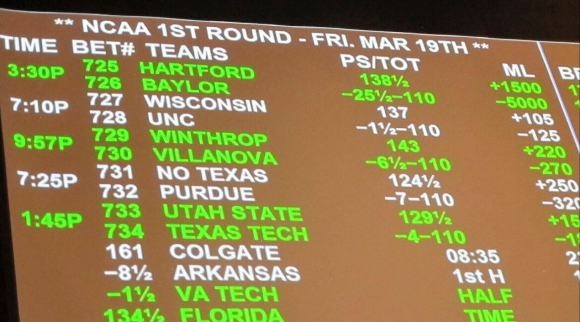 A video board inside the Borgata casino in Atlantic City N.J., displays betting odds on the March Madness college basketball tournament March 19, 2021. (AP File)
