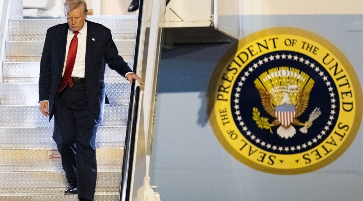 President Donald Trump arrives on Air Force One at Palm Beach International Airport, Friday, March 14, 2025, in West Palm Beach, Fla. (AP/Manuel Balce Ceneta)