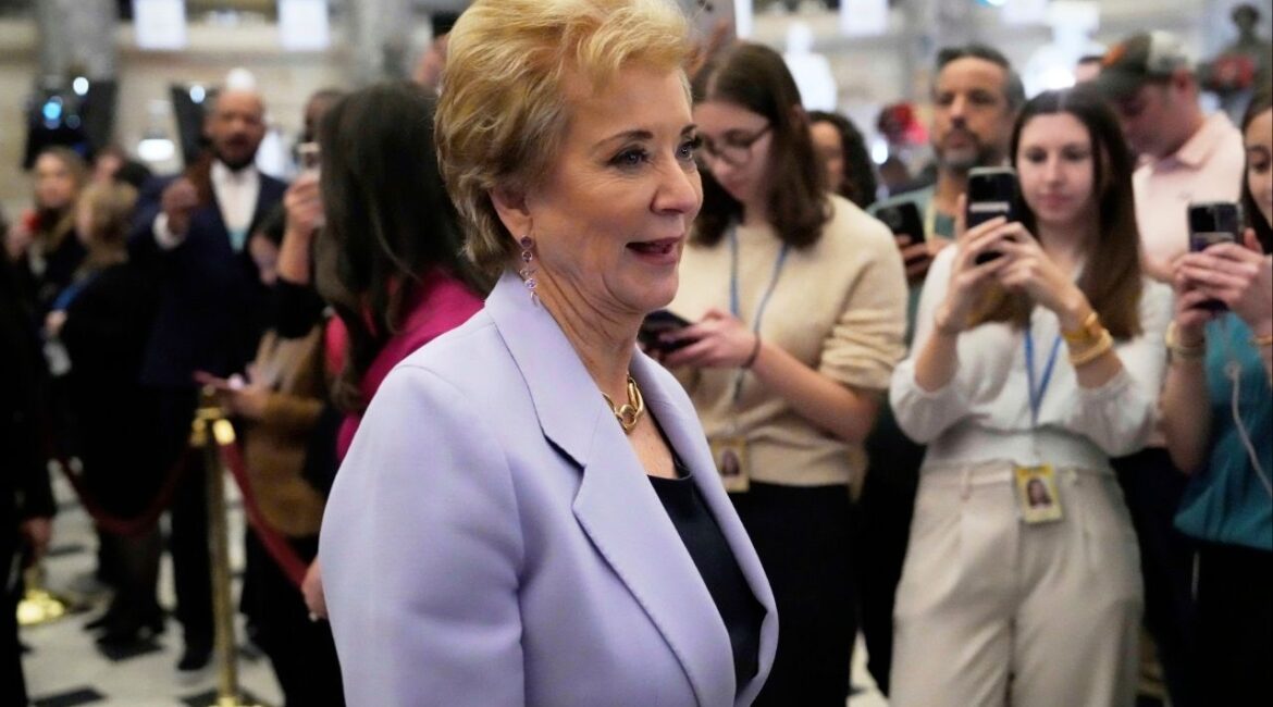 Education Secretary Linda McMahon arrives before President Donald Trump addresses a joint session of Congress at the Capitol in Washington, Tuesday, March 4, 2025. (AP Photo/Ben Curtis)