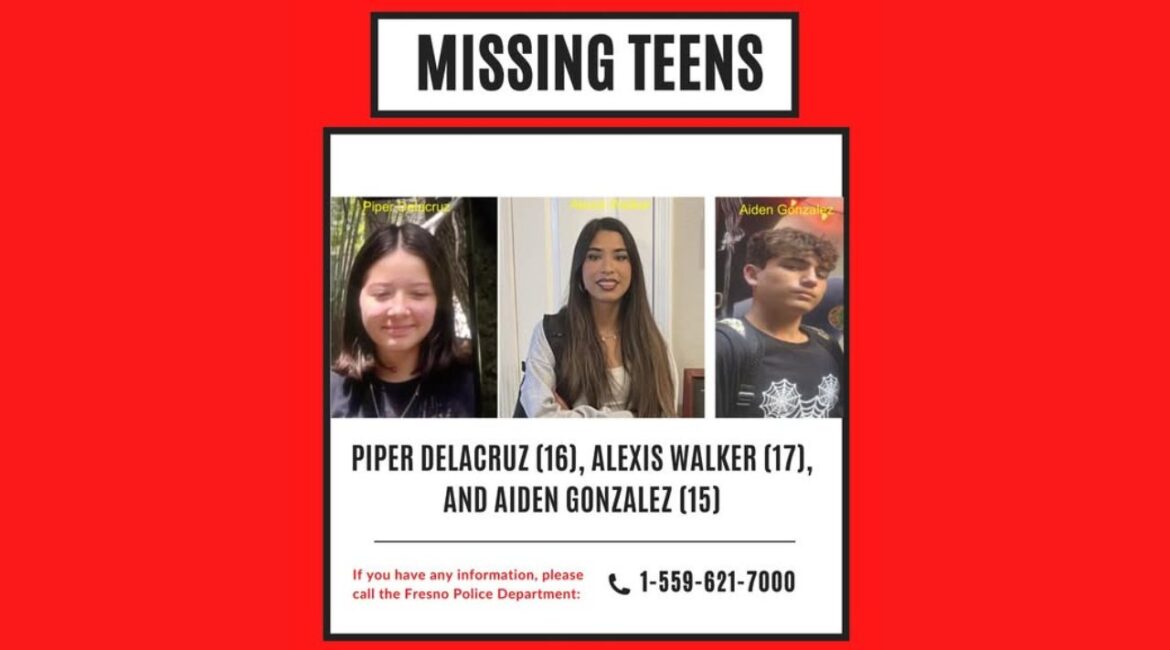 Fresno police are searching for three missing juveniles, Piper Delacruz (left), Alexis Walker (center), and Aiden Gonzalez, last seen together on Wednesday, March 19, 2025, near Millbrook and Teague avenues. (Fresno PD)