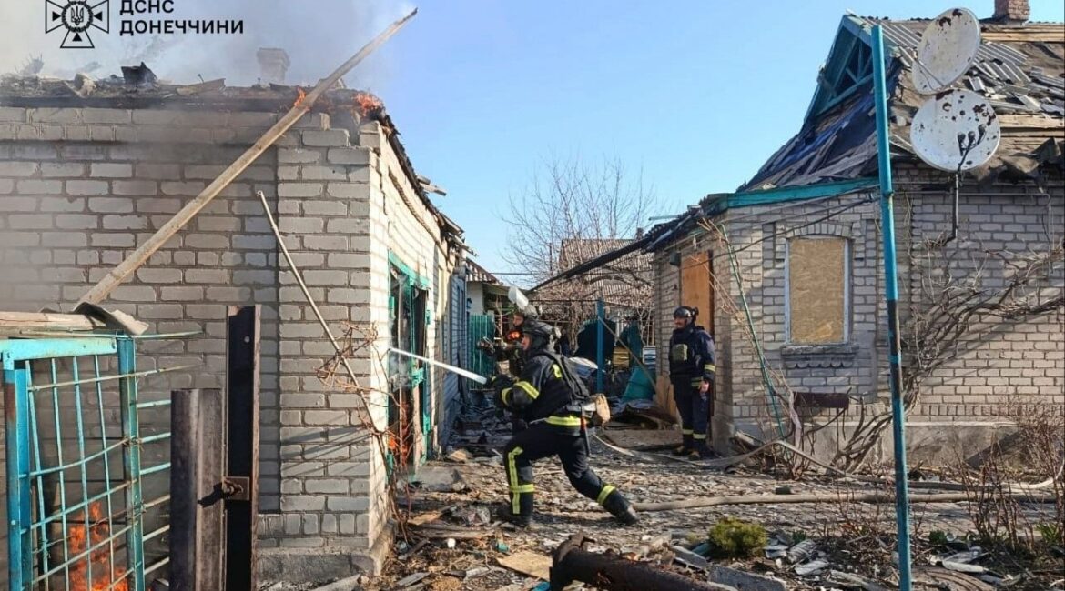 In this photo provided by the Ukrainian Emergency Service, firefighters put out the fire following a Russian attack in Donetsk region, Ukraine, Monday, March 24, 2025. (Ukrainian Emergency Service via AP)