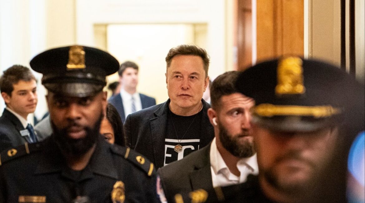Elon Musk, special government employee and overseer of Department of Government Efficiency (DOGE), leaves Capitol Hill, Washington, March 5, 2025. In selected spots across the government, SpaceX is positioning itself to see billions of dollars in new federal contracts or other support, a dozen current and former federal officials said in interviews with The New York Times. (Haiyun Jiang/The New York Times)