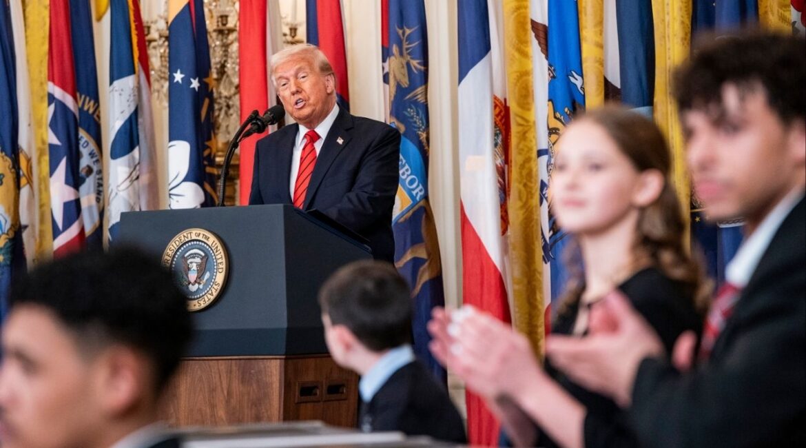 President Donald Trump delivers remarks before signing an executive order abolishing the U.S. Department of Education, at the White House in Washington, March 20, 2025. A lawsuit filed on Monday, March 24, accuses the government of dismantling the department by executive fiat without the required approval of Congress. (Haiyun Jiang/The New York Times)