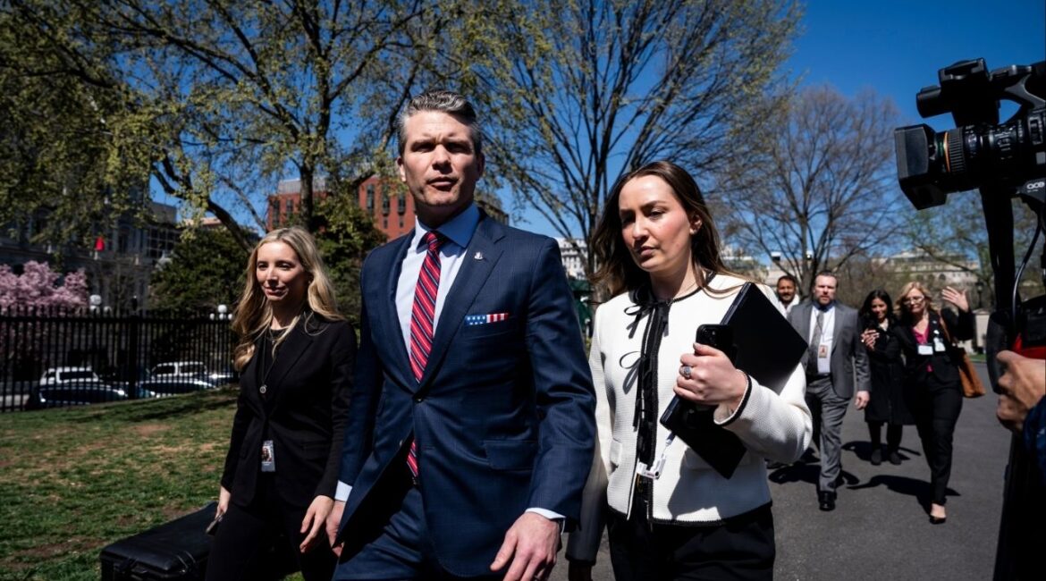 Defense Secretary Pete Hegseth walks to the West Wing of the White House in Washington, March 21, 2025. Hegseth disclosed war plans in an encrypted chat group that included a journalist two hours before U.S. troops launched attacks against the Houthi militia in Yemen, the White House said on Monday, March 24, 2025, confirming an account in the magazine The Atlantic. (Haiyun Jiang/The New York Times)