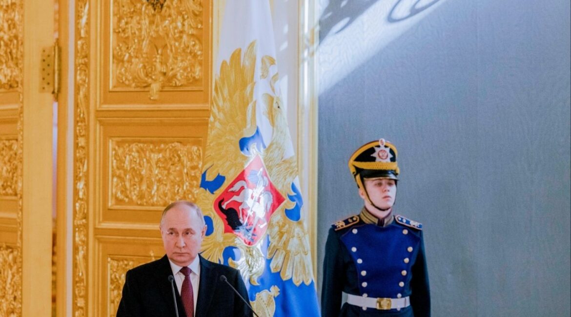 FILE — President Vladimir Putin of Russia speaks at the Grand Kremlin Palace in Moscow on March 20, 2024. On Tuesday, March 25, 2025, America’s top intelligence officials will release their current assessment of Russia. They are caught between what their analysts say and what President Trump wants to hear. (Nanna Heitmann/The New York Times)
