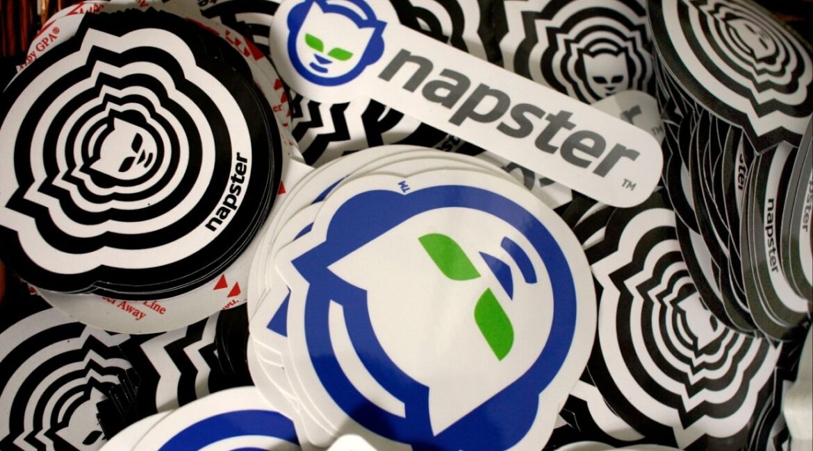 In this Aug. 2, 2006 file photo, promotional Napster stickers are seen at the Napster studio in Los Angeles. (AP File)