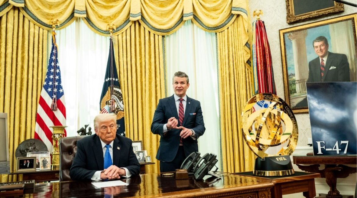 President Donald Trump delivers remarks alongside Secretary of Defense Pete Hegseth in the Oval Office of the White House in Washington, on Friday, March 21, 2025. Here is what to know about how classification of information works. (Haiyun Jiang/The New York Times)