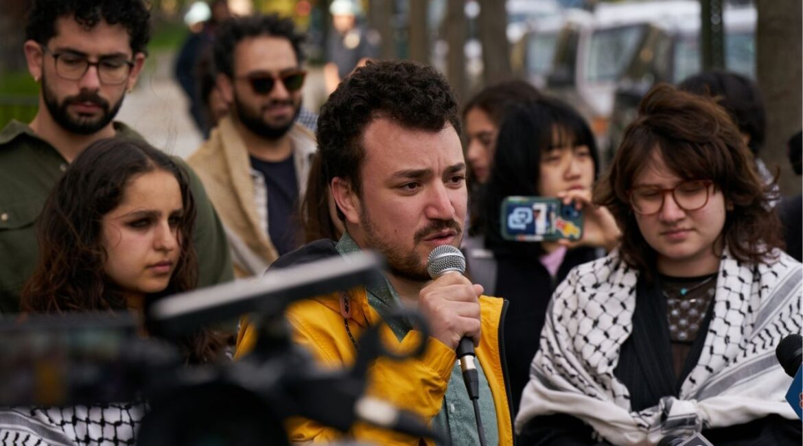 Mahmoud Khalil speaks during a press conference about students who were arrested and suspended for protesting at Columbia University, near the campus in New York, April 22, 2024. The Trump administration is trying to deport pro-Palestinian students and academics who are legally in the United States, a new front in its clash with elite schools over what it says is their failure to combat antisemitism.(Bing Guan/The New York Times)