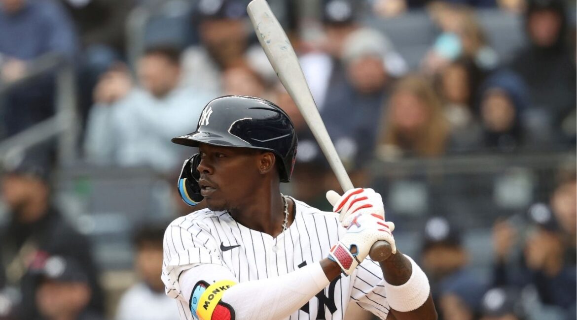 New York Yankees' Jazz Chisholm Jr. prepares to bat during the first inning of a baseball game against the Milwaukee Brewers, Sunday, March 30, 2025, in New York. (AP/Pamela Smith)