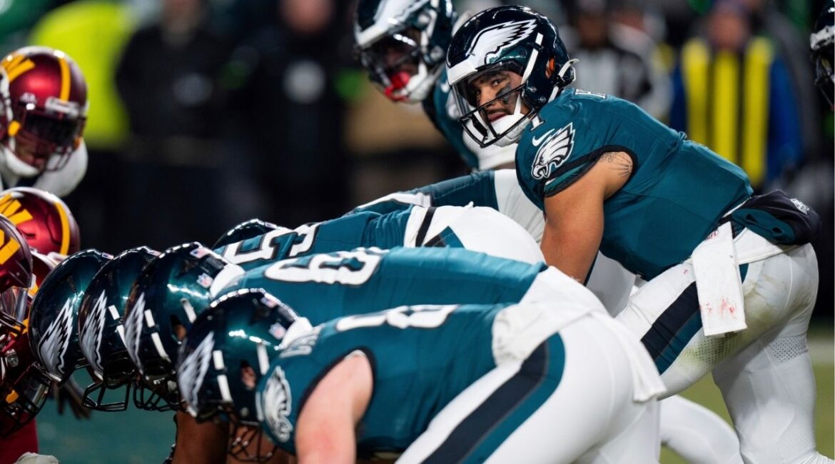 Philadelphia Eagles quarterback Jalen Hurts (1) lines up for the goal line Tush Push play during the NFL championship playoff football game against the Washington Commanders, Jan. 26, 2025, in Philadelphia. (AP File)