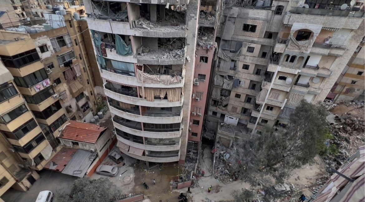 Damaged apartments building are seen after being struck earlier by an Israeli targeted attack in Dahiyeh, a southern suburb of Beirut, Lebanon, early Tuesday, April 1, 2025. (AP/Hussein Malla)