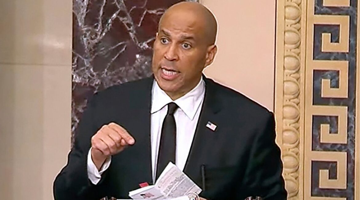 In this image provided by Senate Television, Sen, Cory Booker, D-N.J. speaks on the Senate floor, Tuesday morning, April 1, 2025. (Senate Television via AP)