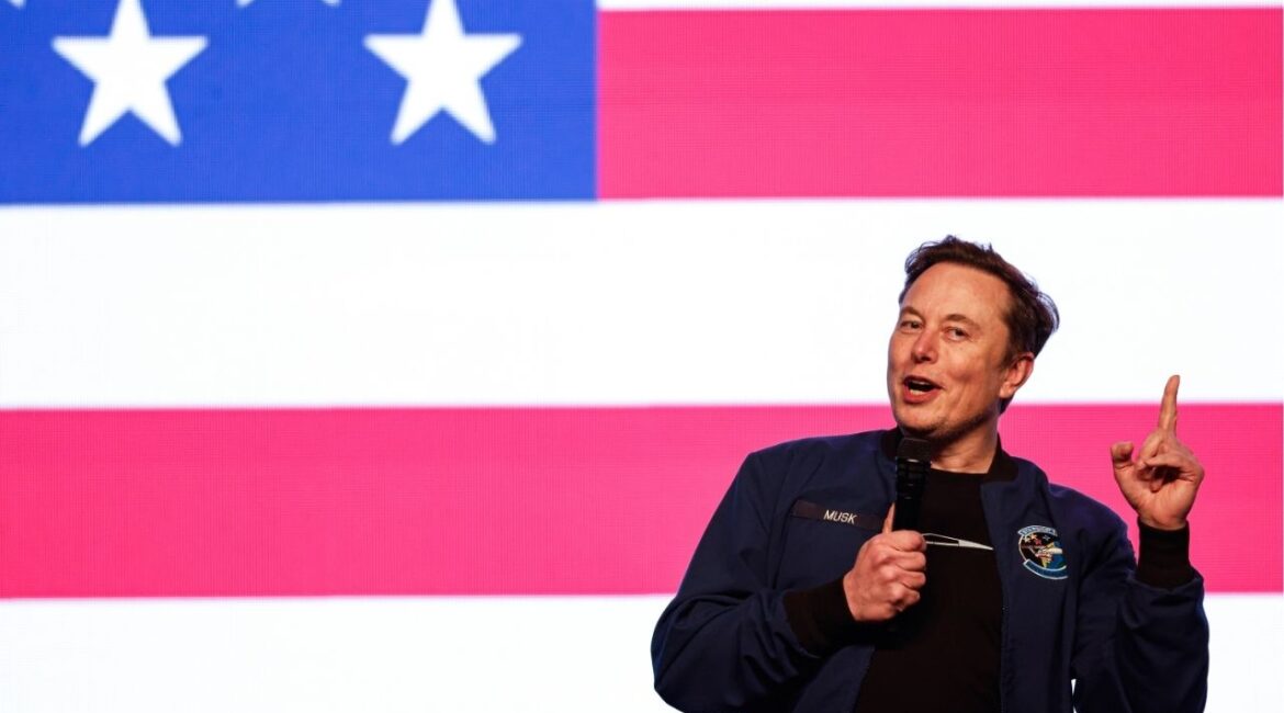 Elon Musk speaks at a town hall Sunday, March 30, 2025, in Green Bay, Wis. (AP/Jeffrey Phelps)
