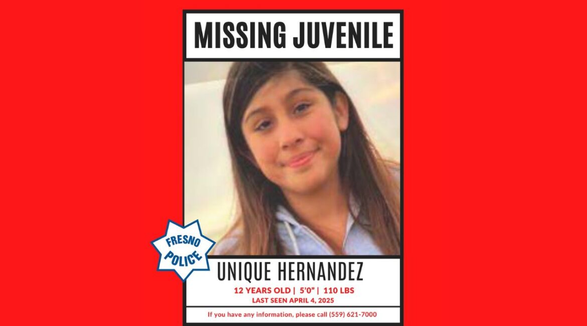 Fresno police are searching for Unique Hernandez, 12, last seen on Friday, April 4, 2025, near Inyo Street and Maple Avenue, wearing all black clothing and carrying a black backpack. (Fresno PD)