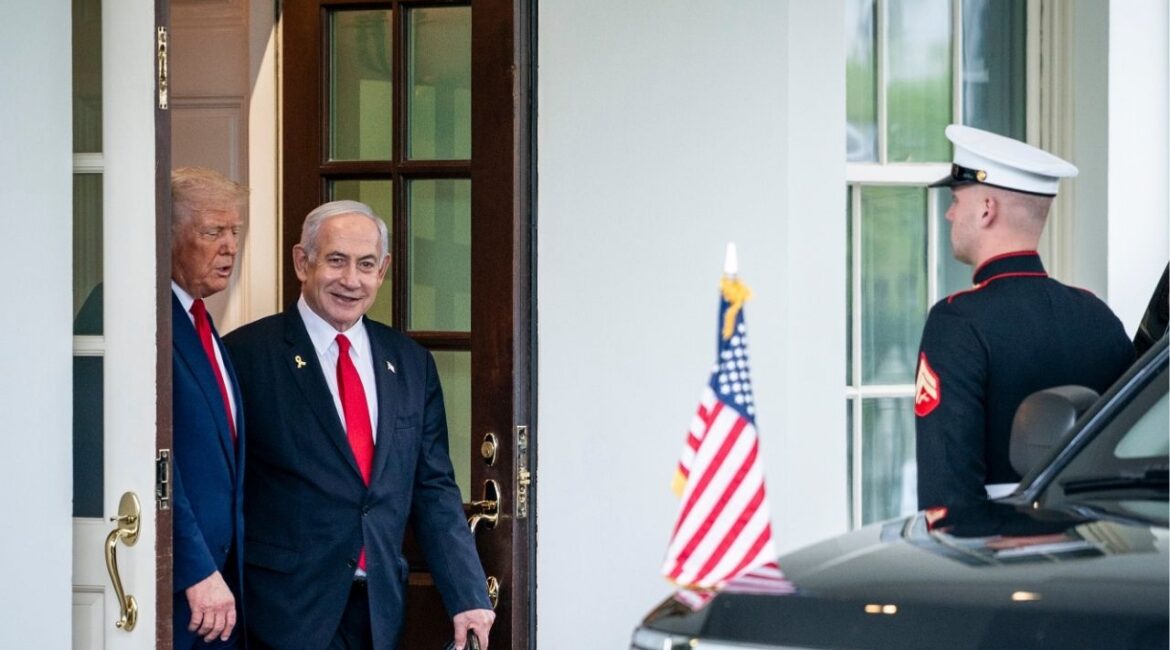 President Donald Trump sends off Prime Minister Benjamin Netanyahu following their Oval Office meeting at the White House in Washington, on Monday, April 7, 2025. Both Israel and the United States have vowed to prevent Iran from developing a nuclear weapon. (Haiyun Jiang/The New York Times)