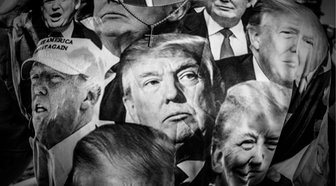 An attendee wears a shirt featuring images of former President Donald Trump during a rally for Trump in Waco, Texas, March 25, 2023. (Mark Peterson/The New York Times)