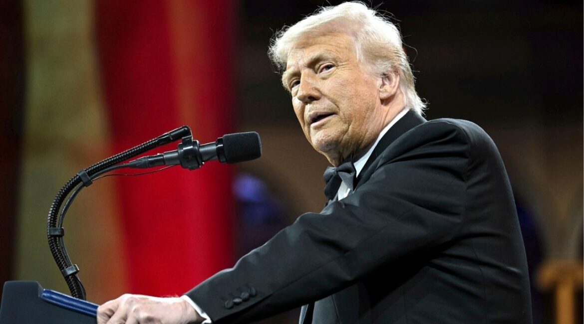 President Donald Trump speaks at the National Republican Congressional Committee (NRCC) dinner at the National Building Museum in Washington, Tuesday, April 8, 2025. (Pool via AP)