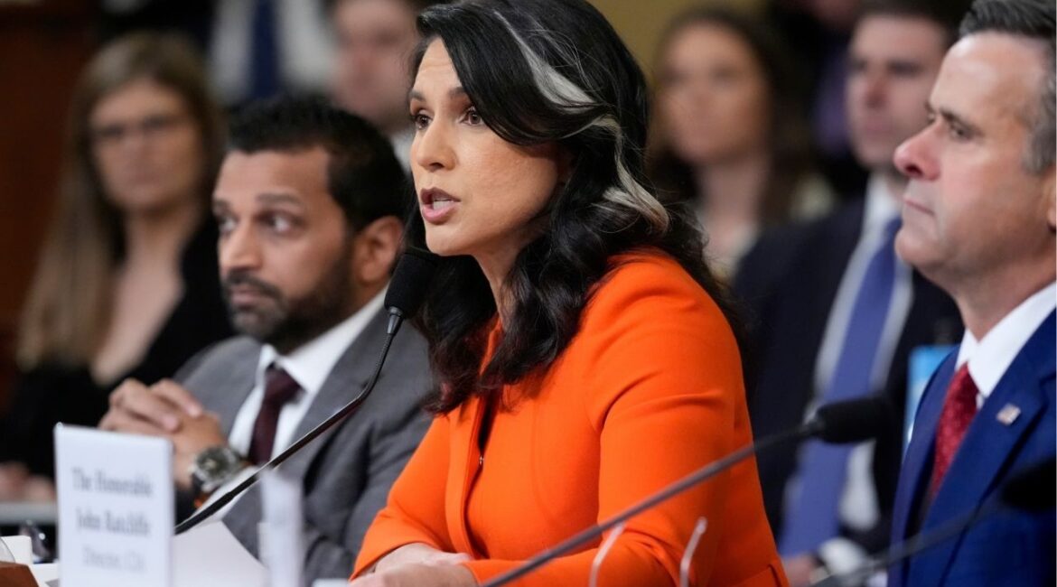 Director of National Intelligence Tulsi Gabbard, flanked by FBI Director Kash Patel, left, and CIA Director John Ratcliffe, testifies as the House Intelligence Committee holds a hearing on worldwide threats, at the Capitol, in Washington, Wednesday, March 26, 2025. (AP/J. Scott Applewhite)