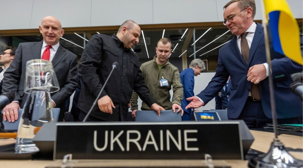 Britain's Defense Secretary John Healey, left, Ukraine's Defense Minister Rustem Umerov, second from left, and Germany's Defense Minister Boris Pistorius, right, arrive for a meeting of the Ukrain