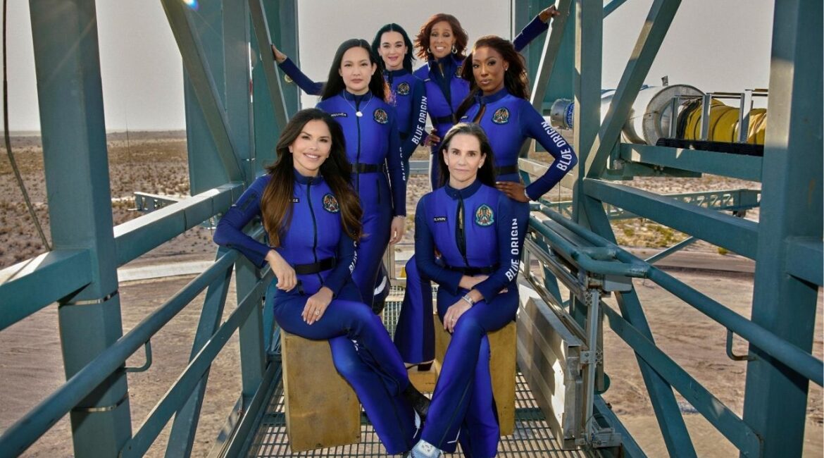 This image provided by Blue Origin shows, first row, seated, from left: Lauren Sanchez and Kerianne Flynn and standing in back from left: Amanda Nguyen, Katy Perry, Gayle King and Aisha Bowe in West Texas. (Blue Origin via AP)