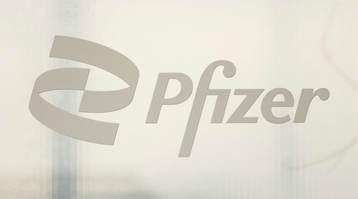 Pfizer signage is displayed at the Pfizer NYC Headquarters, Thursday, April 10, 2025, in New York. (AP/Yuki Iwamura)