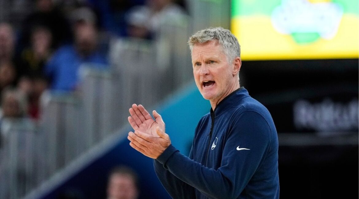 Golden State Warriors head coach Steve Kerr reacts during the second half of an NBA basketball game against the San Antonio Spurs, Wednesday, April 9, 2025, in San Francisco. (AP/Godofredo A. Vásquez)