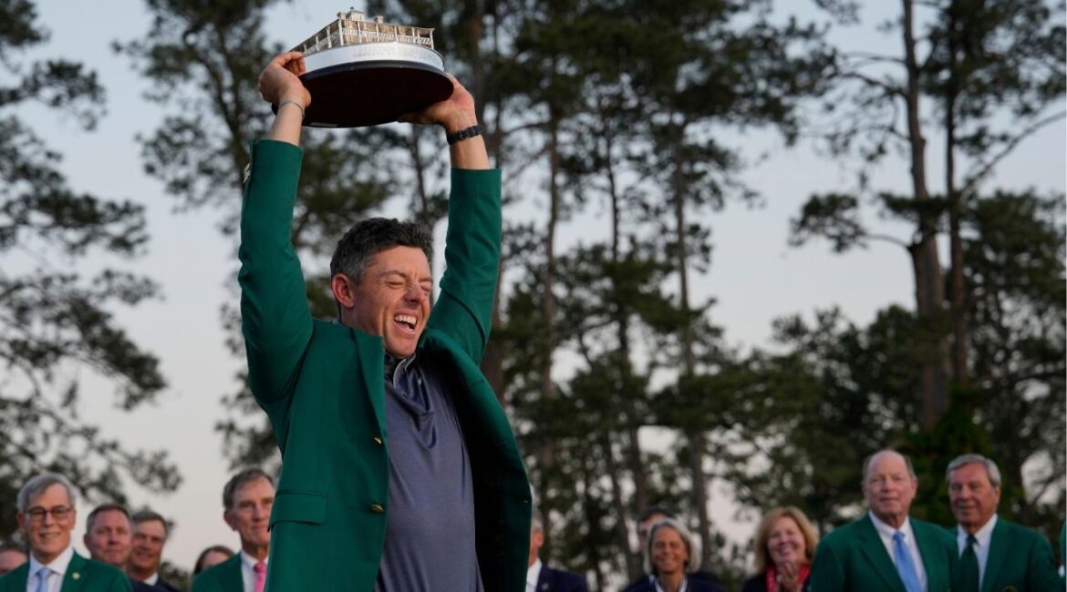 Winner Rory McIlroy, of Northern Ireland, holds the trophy at the Masters golf tournament, Sunday, April 13, 2025, in Augusta, Ga. (AP/David J. Phillip)