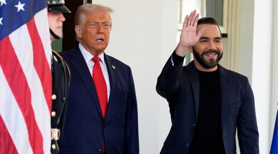 President Donald Trump greets El Salvador's President Nayib Bukele as he arrives at the West Wing of the White House, Monday, April 14, 2025, in Washington. (AP/Alex Brandon)