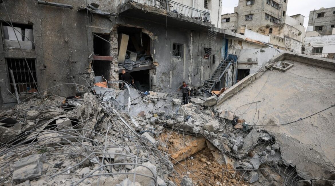 Palestinians inspect the damage after two Israeli missiles hit a building inside the Al-Ahli Arab Baptist Hospital, shortly after patients were evacuated following a call from someone who identified himself with Israeli security, in Gaza City, April 13, 2025. (REUTERS/Dawoud Abu Alkas)