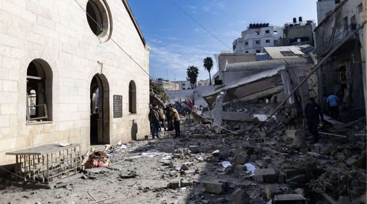The heavily damaged Ahli Arab hospital after an Israeli strike in Gaza City, on Sunday, April 13, 2025. An Israeli strike killed a security guard and wounded 10 patients at a field hospital in southern Gaza on Tuesday, two days after Israel attacked the Al Ahli Arab Hospital in Gaza City, one of the last functioning medical centers in Gaza. (Saher Alghorra/The New York Times)