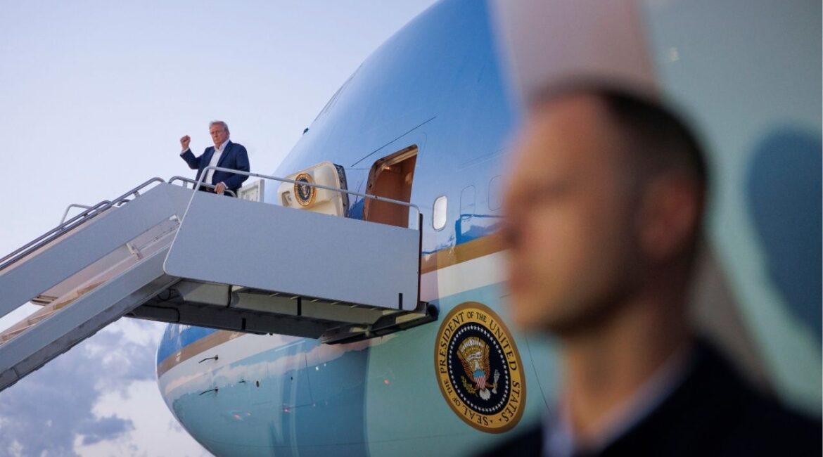 President Donald Trump arrives at Palm Beach International Airport in West Palm Beach, Fla., on April 11, 2025. A federal judge on April 14 temporarily blocked the Trump administration from using a wartime statute to deport to El Salvador Venezuelan immigrants in Colorado who have been accused of being violent gang members. (Tom Brenner/The New York Times)
