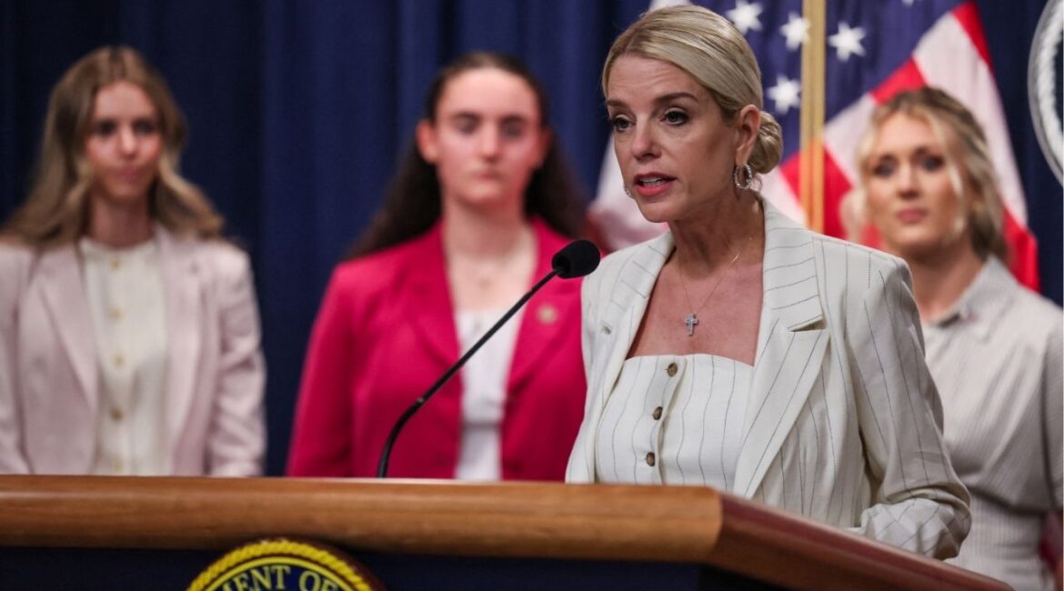 U.S. Attorney General Pam Bondi attends a press conference, as she unveils actions against the state of Maine, which is locked in a dispute with the Trump administration over transgender policy, at the Justice Department in Washington, D.C., U.S., April 16, 2025. (REUTERS/Leah Millis)