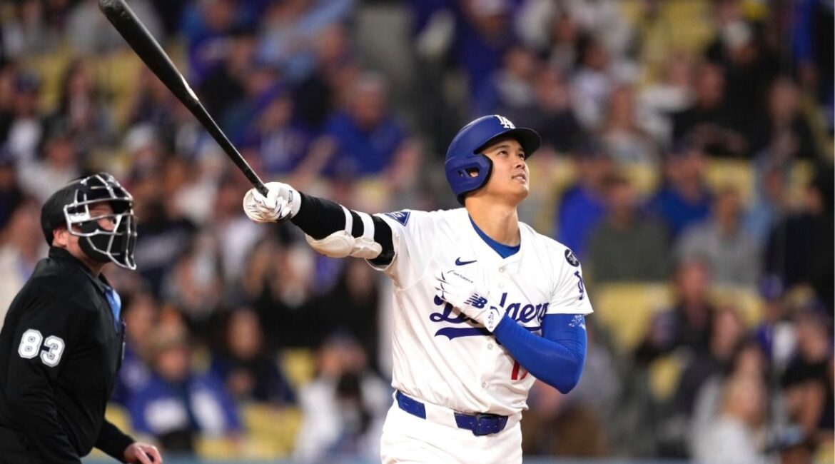 Los Angeles Dodgers' Shohei Ohtani watches his ball go out for a solo home run during the first inning of a baseball game against the Colorado Rockies Wednesday, April 16, 2025, in Los Angeles. (AP/Mark J. Terrill)