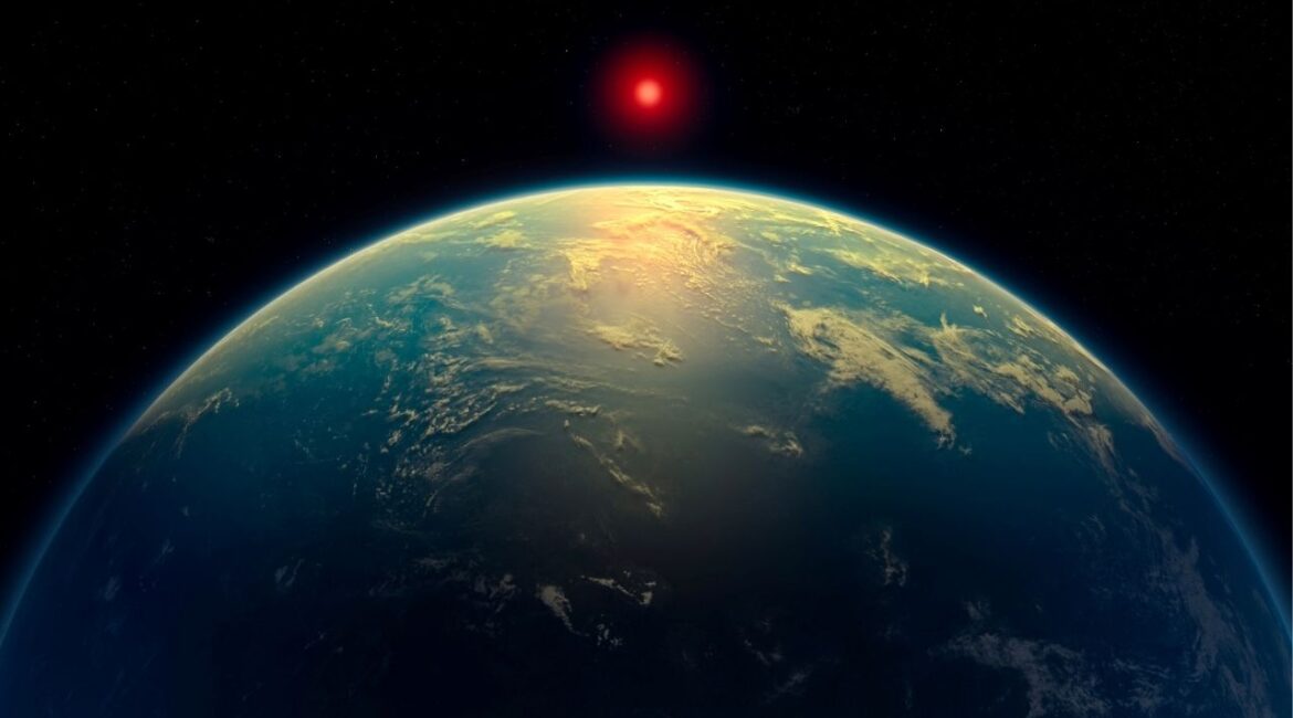 An illustration shows a hycean world – an exoplanet with a liquid water ocean beneath a hydrogen-rich atmosphere - orbiting a red dwarf star. Based on observations by the James Webb Space Telescope, the exoplanet K2-18 b might fit in this category. This illustration was obtained by Reuters on April 16, 2025. (A. Smith, N. Madhusudhan/University of Cambridge/Handout via REUTERS)