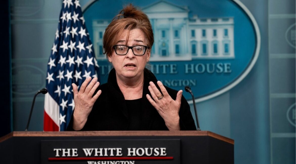 Patty Morin, the mother of Rachel Morin who was murdered in 2023, speaks during a briefing for reporters at the White House in Washington, on Wednesday, April 16, 2025. The appearance by Patty Morin came as a federal judge threatened the Trump administration with a contempt-of-court investigation over its deportation flights to El Salvador. (Doug Mills/The New York Times)