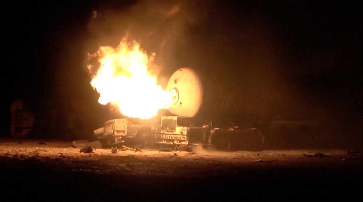 A fuel tank burns following, what Al Masirah TV said, was a U.S. strike on the Ras Isa fuel port, Yemen, in this screengrab from a handout video released on April 18, 2025. (Al-Masirah TV /Handout via REUTERS)