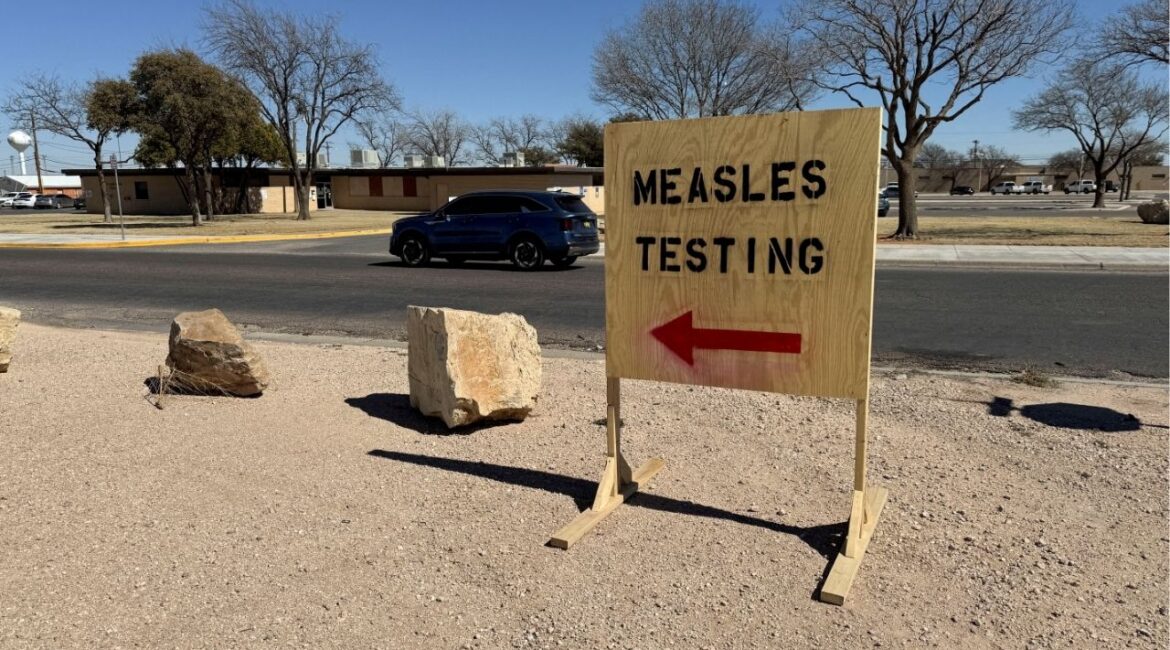 A sign reading "measles testing" is seen as an outbreak in Gaines County, Texas, has raised concerns over its spread to other parts of the state, in Seminole, Texas, U.S., February 25, 2025. (REUTERS File)