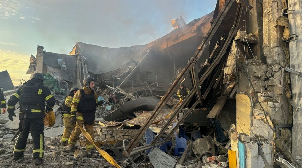 Firefighters work at the site of a garment production factory hit by a Russian missile strike, amid Russia's attack on Ukraine, in Kharkiv, Ukraine April 18, 2025. (REUTERS/Stringer)