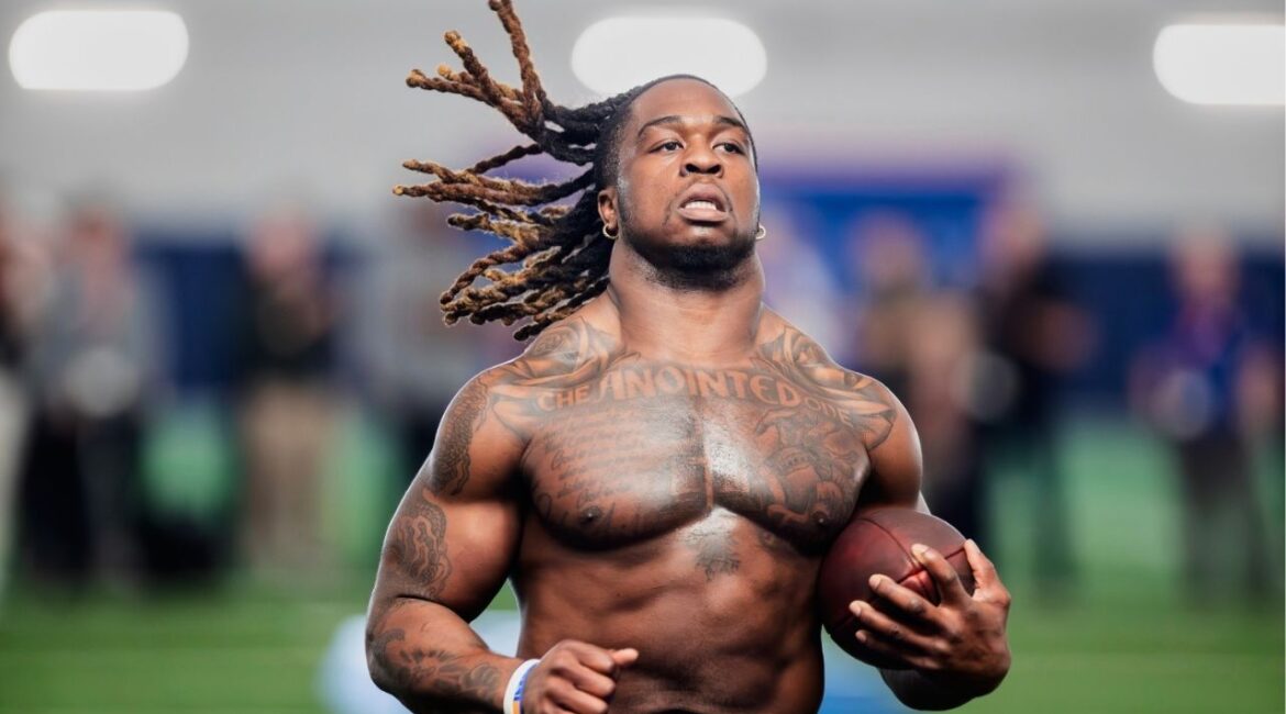 Boise State's Ashton Jeanty runs a drill during the school’s NFL football pro day held, Wednesday March 26, 2025, at the Caven-Williams Indoor Facility in Boise, Idaho. (AP/Kyle Green)