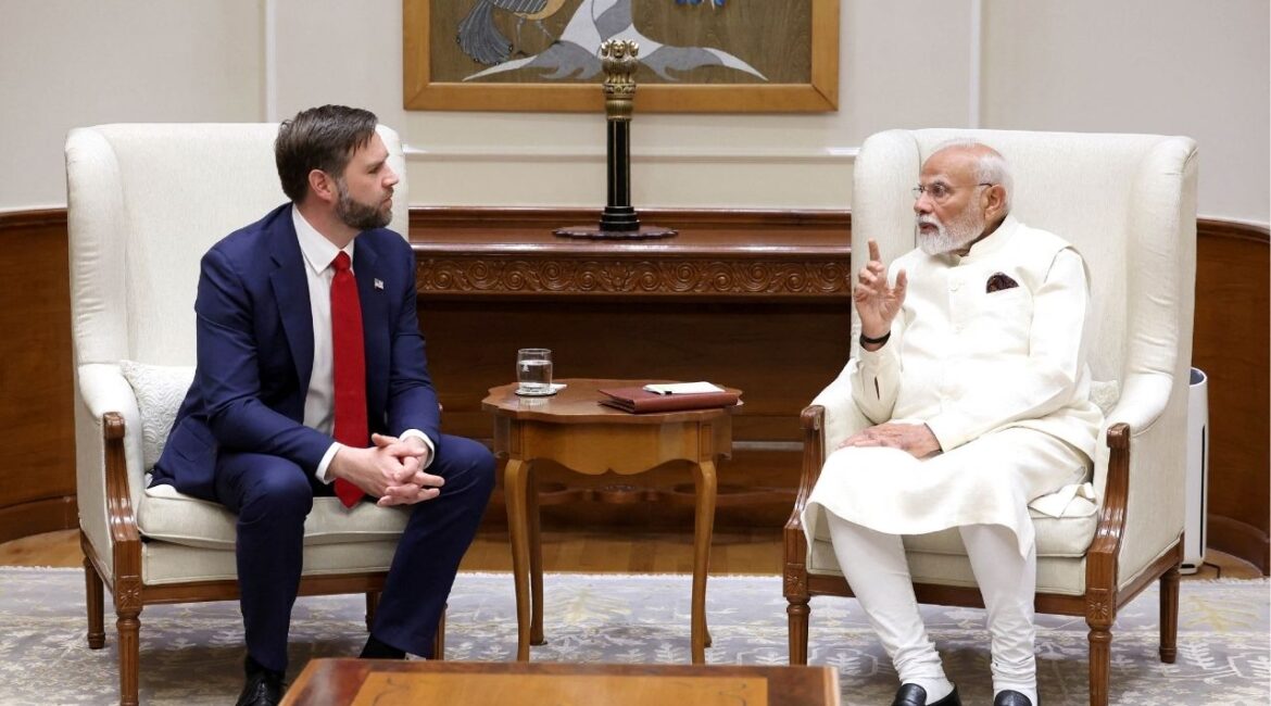 India's Prime Minister Narendra Modi meets U.S. Vice President JD Vance at his residence in New Delhi, India, April 21, 2025. India's Press Information (Bureau/Handout via REUTERS)