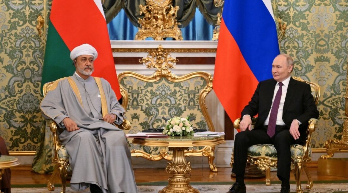 Russia's President Vladimir Putin and Oman's Sultan Haitham bin Tariq al-Said attend a meeting at the Kremlin in Moscow, Russia, April 22, 2025. (Sputnik/Kristina Kormilitsyna/Pool via REUTERS)