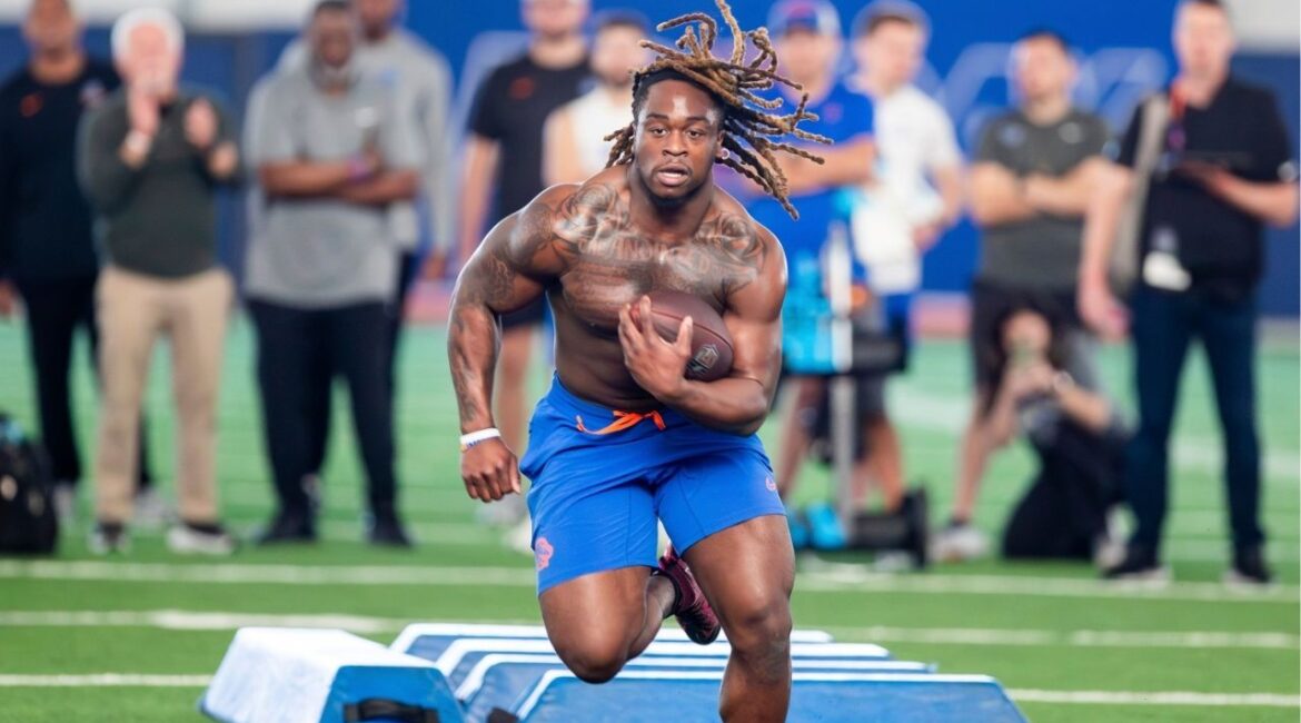 Boise State's Ashton Jeanty runs a drill during the school’s NFL football pro day held, Wednesday March 26, 2025, at the Caven-Williams Indoor Facility in Boise, Idaho. (AP/Kyle Green)