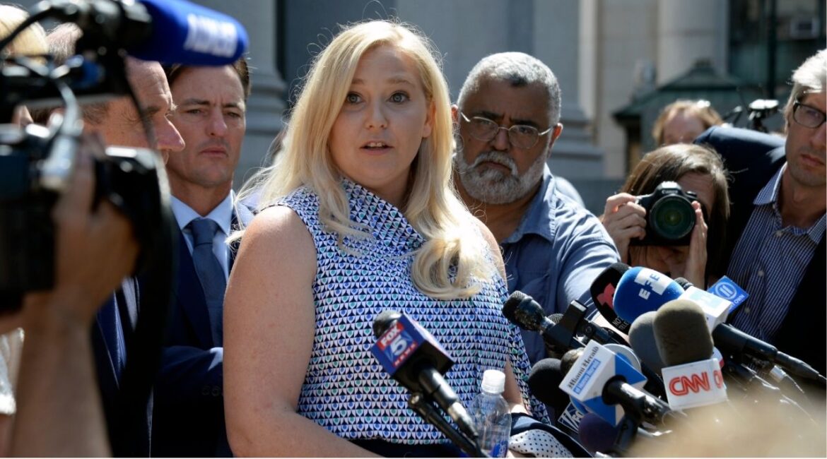 Virginia Roberts Giuffre speaks to reporters in New York on Aug. 27, 2019. Giuffre, a former victim of Jeffrey Epstein’s sex-trafficking ring who said she was “passed around like a platter of fruit” as a teenager to rich and powerful predators, including Prince Andrew of Britain, died on Friday at her farm in Western Australia. She was 41. (Jefferson Siegel/The New York Times)