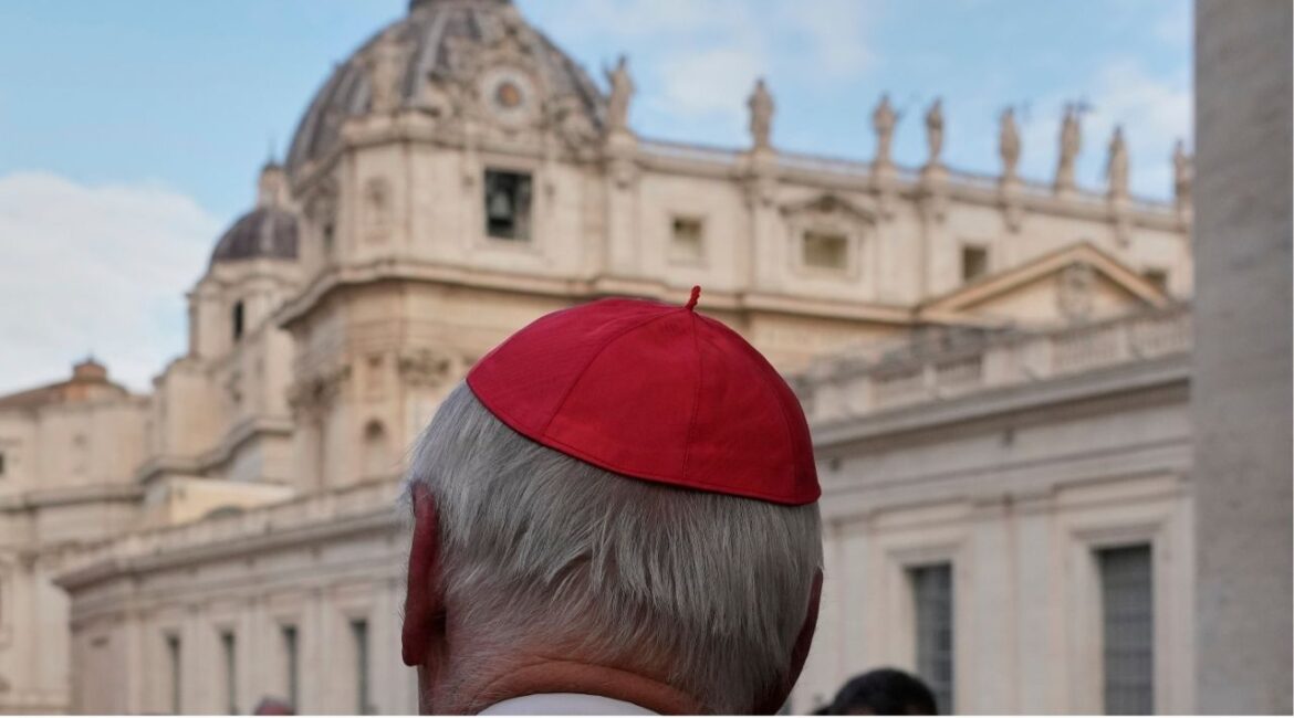 St Peter's Basilica is seen in the background as a cardinal arrives for a college of cardinals' meeting, at the Vatican, Monday, April 28, 2025. (AP Photo/Gregorio Borgia)
