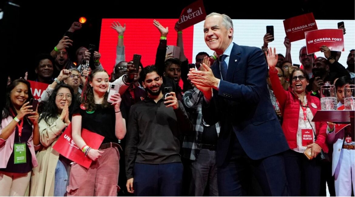 Canadian Prime Minister Mark Carney arrives on stage at his campaign headquarters after the Liberal Party won the Canadian election in Ottawa on Tuesday, April 29, 2025. (Justin Tang/The Canadian Press via AP)