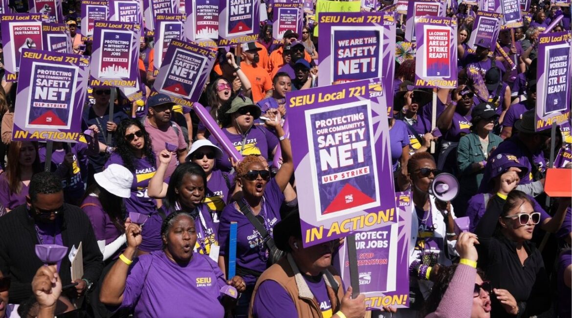 Los Angeles County workers rally to demand higher wages Tuesday, April 29, 2025, in Los Angeles. (AP/Damian Dovarganes)