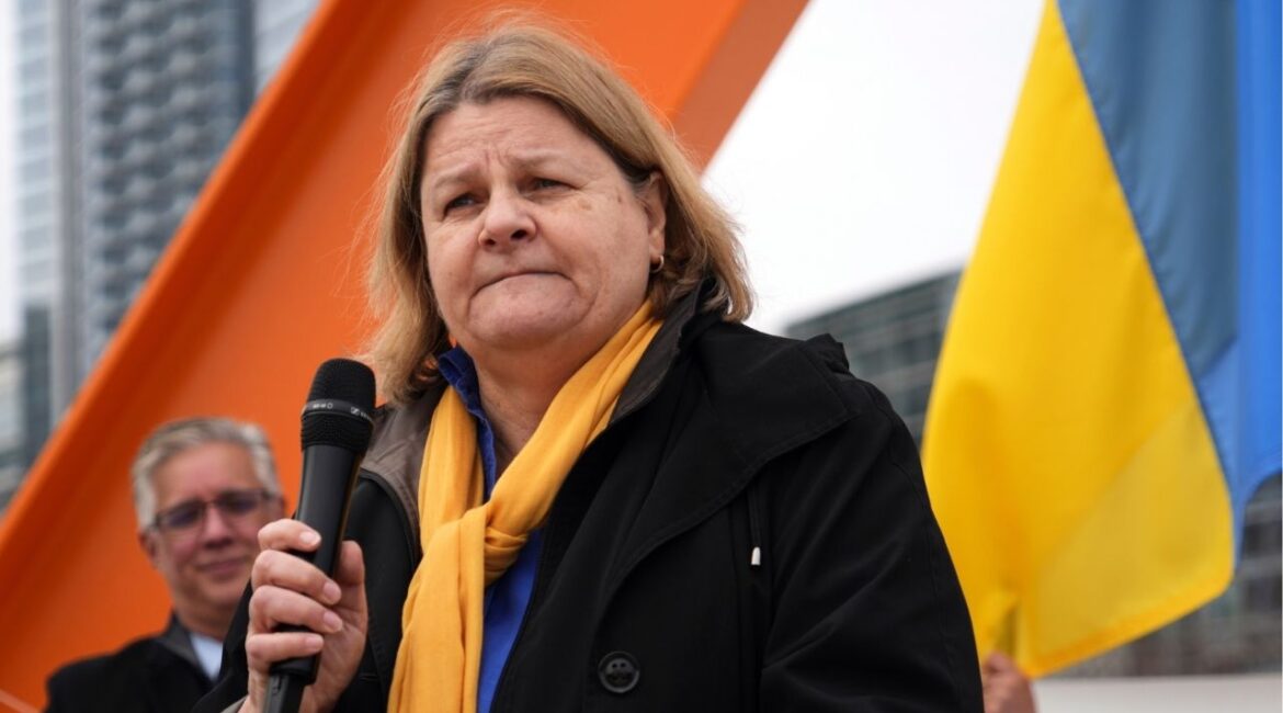 Milwaukee County Circuit Court Judge Hannah Dugan speaks during a rally marking the third anniversary of Russia's invasion of Ukraine on Feb. 24, 2025, in Milwaukee, Wis. (Lee Matz/Milwaukee Independent via AP)