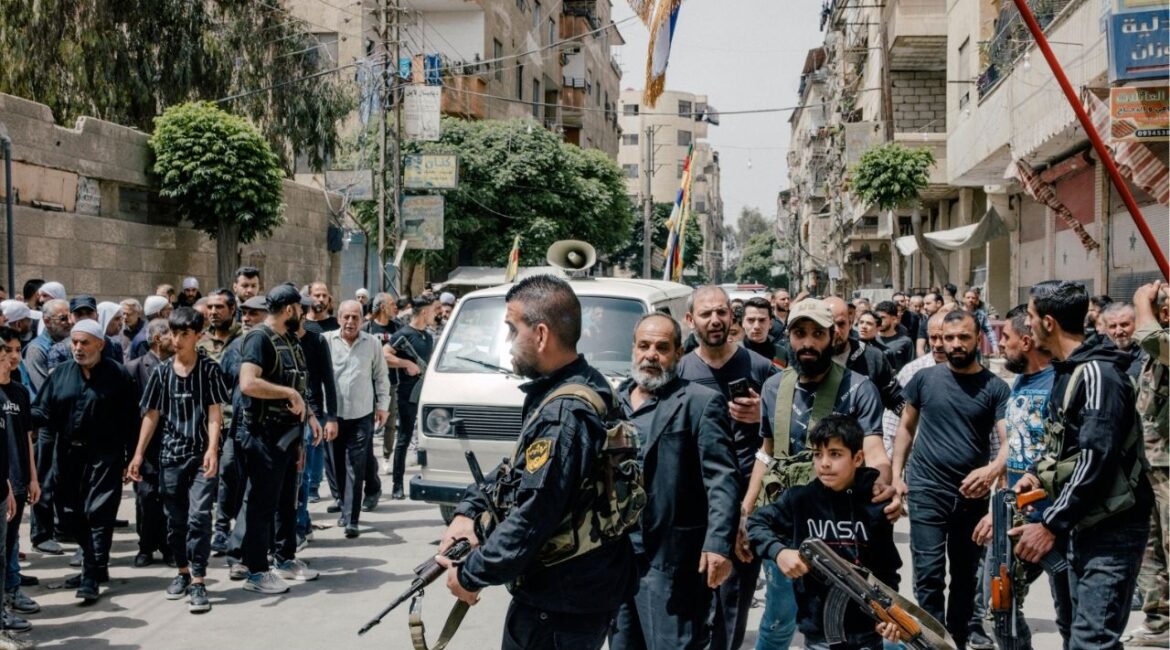 A funeral procession for members of a Druze militia who were killed fighting in Jaramana, a suburb of Damascus, Syria, on Wednesday, April 30, 2025. Violent clashes between pro-government fighters and Drusze militia around Syria’s capital, Damascus, spread on Wednesday and drew Israel’s military into the fray, leaving at least 11 people dead, according to the Syrian authorities and a war monitor. (Nanna Heitmann/The New York Times)