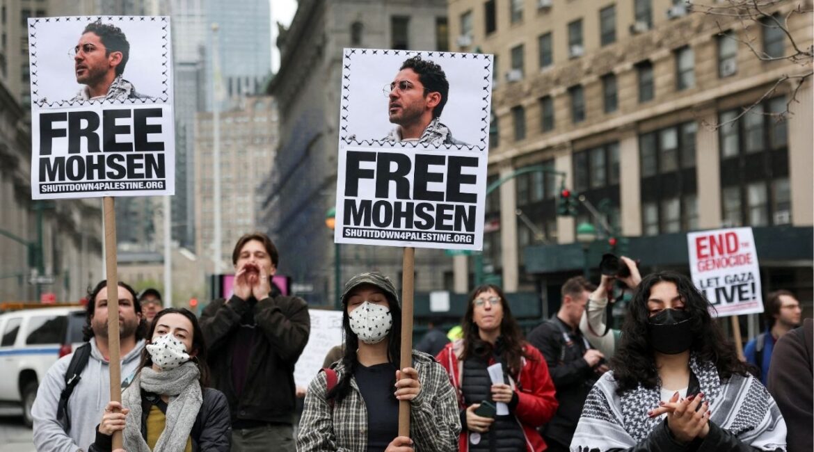 Demonstrators hold placards that read "Free Mohsen" in reference to Mohsen Mahdawi, a Palestinian green card holder and student at Columbia University that was detained, as they gather at Foley Square calling for the release of Palestinian activist and Columbia University graduate student Mahmoud Khalil, in Manhattan, New York City, U.S., April 15, 2025. (REUTERS/Jeenah Moon/File Photo)