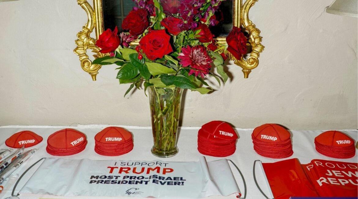 Pro-Trump kippahs at an event organized by the Republican Jewish Coalition at the Wisconsin Club in Milwaukee, July 18, 2024. (Jamie Lee Taete/The New York Times)